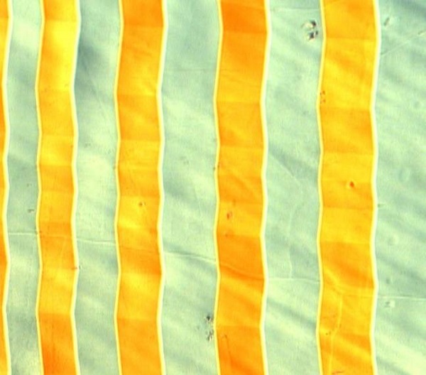 Soubor hranic dvojčatění typu II, vertikální linie. Optický mikroskop, Nomarského kontrast, velikost strany obrázku přibližně 0.2mm