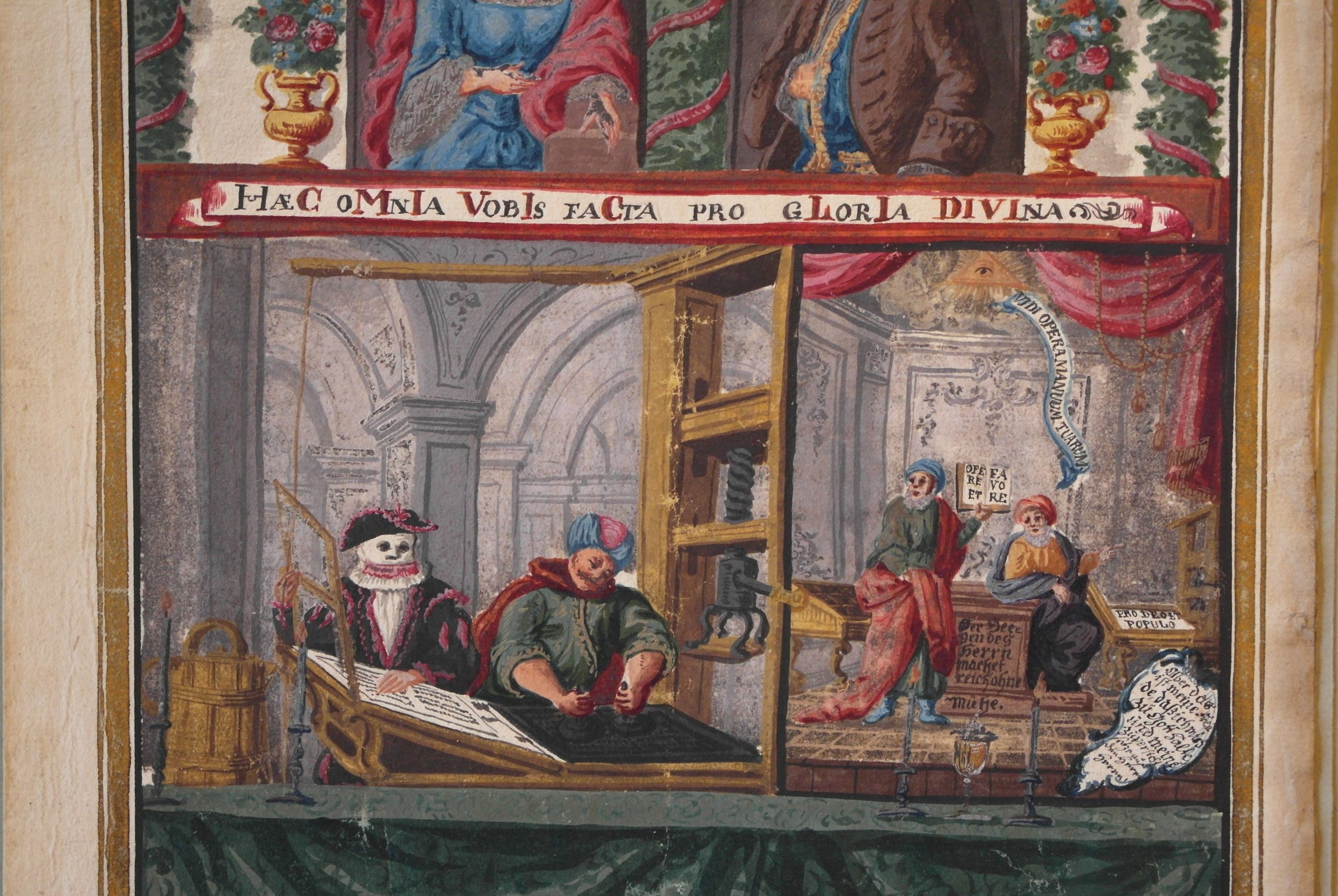 Tiskařští tovaryši převlečení za postavy Comedia dell arte. Zdroj: Národní archiv