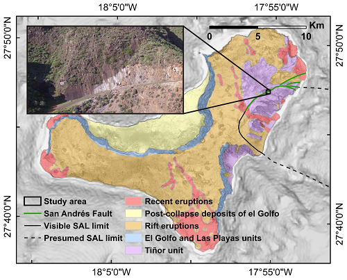 Geologická mapa ostrova El Hierro s umístěním obřího sesuvu San Andrés (SAL) a fotografií odlučné plochy