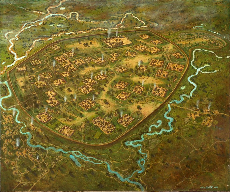 Kresebná rekonstrukce lokality Pohansko u Břeclavi, kterou od roku 1959 systematicky zkoumají archeologové Filozofické fakulty Masarykovy univerzity v Brně